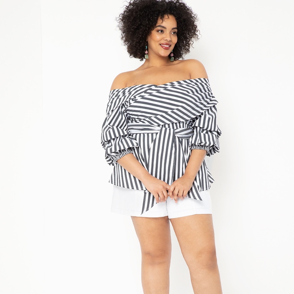 Eloquii off the shoulder faux wrapped top, charcoal and white stripe. Size 22